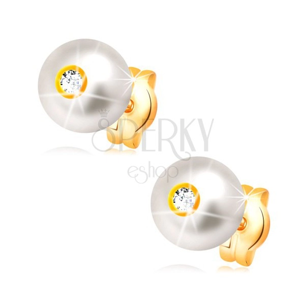 14K Goldohrstecker - sahneweiße Perle mit glitzerndem klarem Zirkonia, 6 mm