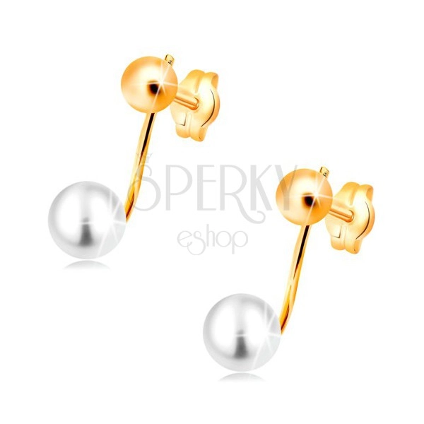 Ohrstecker in 14K Gelbgold - glänzende Kugel und weiße Perle am Stäbchen