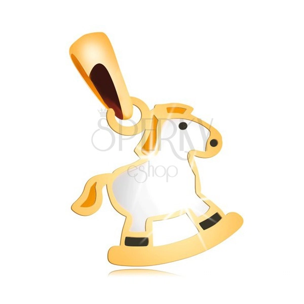 14K Gelbgoldkettenanhänger - weißes Schaukelpferd mit gelber Mähne