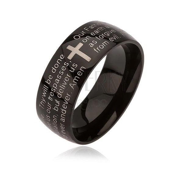 Schwarzer Ring aus Edelstahl, silberfarbenes Kreuz, Vaterunser, 6 mm