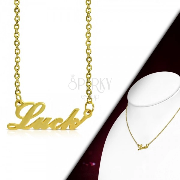 Stahl Halskette in goldener Farbe, Kette und Anhänger – Aufschrift Luck