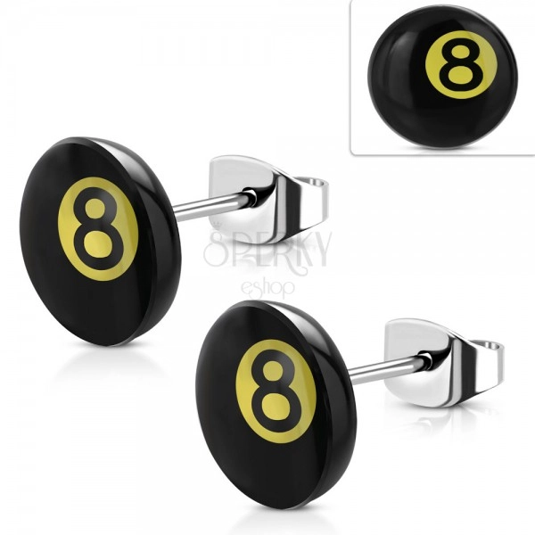 Edelstahl Ohrringe, Magic Billardkugel Nummer 8 – schwarze und gelbe Farbe