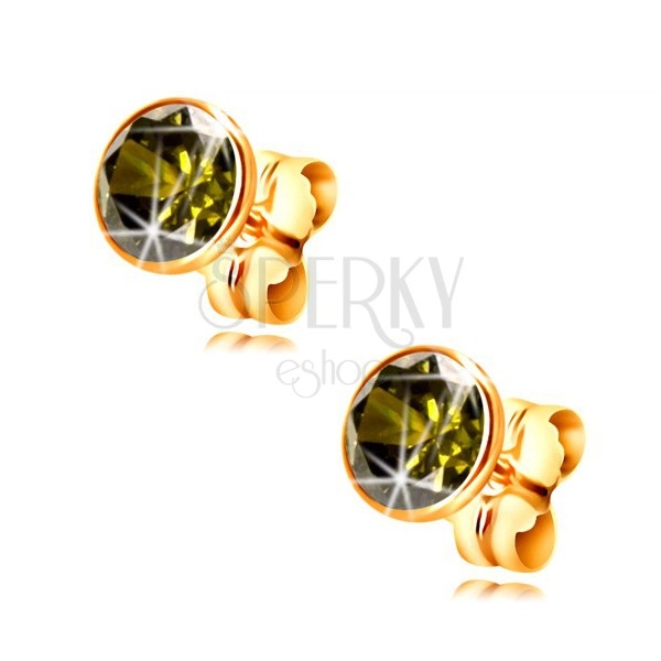 14K Gelbgold Ohrringe – olivfarbener runder Zirkon in einer Fassung, 5 mm