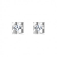 14K Weißgold Ohrringe – Quadrat mit einem klaren runden Diamanten