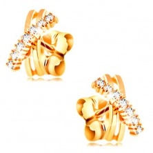 Ohrringe aus 14K Gelbgold – gekreuzte gebogene Linien, glitzernde klare Zirkone
