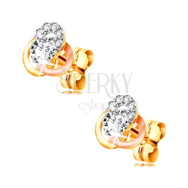 14K Gold Ohrringe – dreifarbiger Knoten aus Reifen, runde klare Zirkone