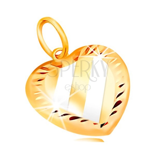 14K Gold Anhänger – Herz mit schrägen Streifen aus Weißgold, Einschnitte um den Umfang