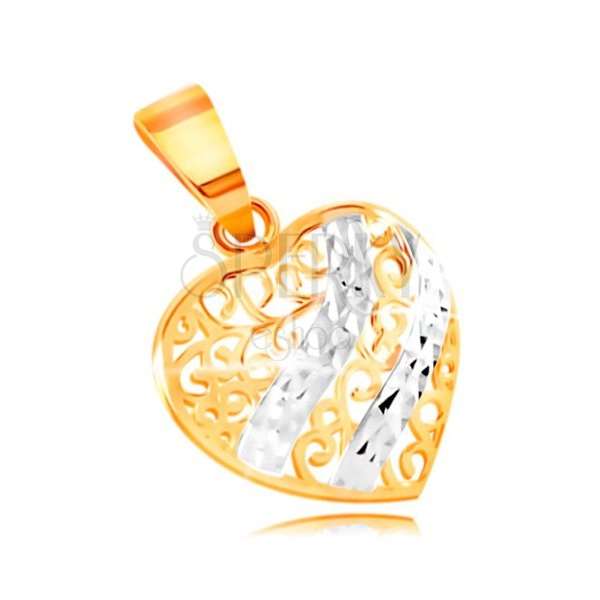 585 Gold Anhänger – abgerundetes Herz geschmückt mit filigranen Verzierungen und Weißgold Wellen