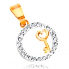 585 Gold Anhänger – Schlüssel mit einem Herzen in einem klaren Zirkon-Kreis