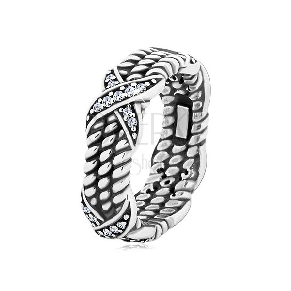 Patinerter Ring aus 925 Silber, gedrehtes Seilmuster, Kreuze mit Zirkonen