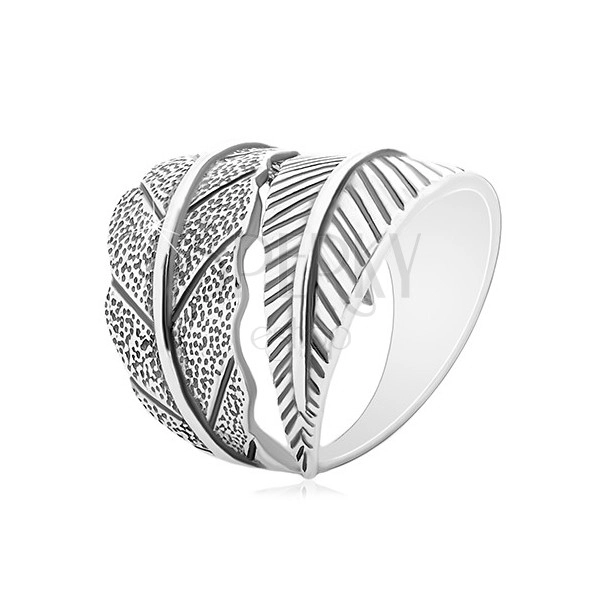 925 Silber Ring, große in entgegengesetzte Richtungen gebogene Blätter, graue Patina