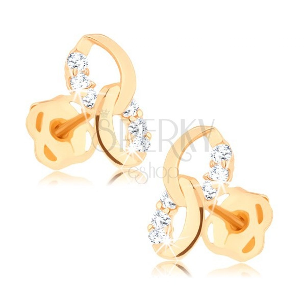 14K Gelbgold Ohrringe – zwei verbundene Ellipsen, klare Diamanten-Linien