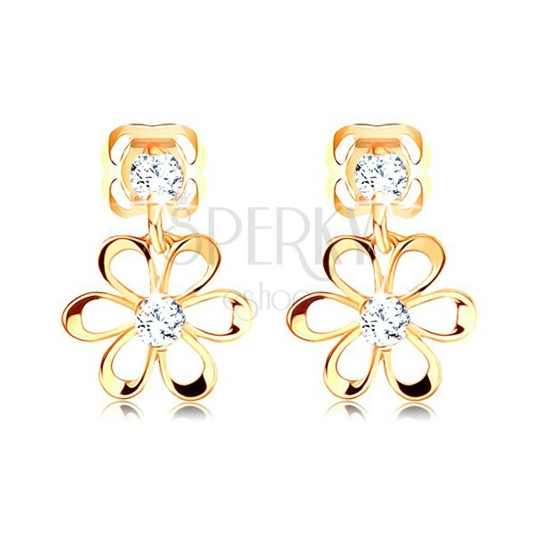 14K Gelbgold Diamant Ohrringe – Blume mit abgerundeten Blütenblättern, klare Brillanten