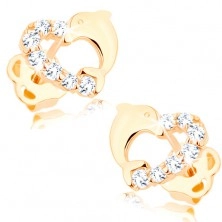 Brillant Ohrringe aus 585 Gold – Herzumriss mit einer Diamanten-Linie und einem Delfin