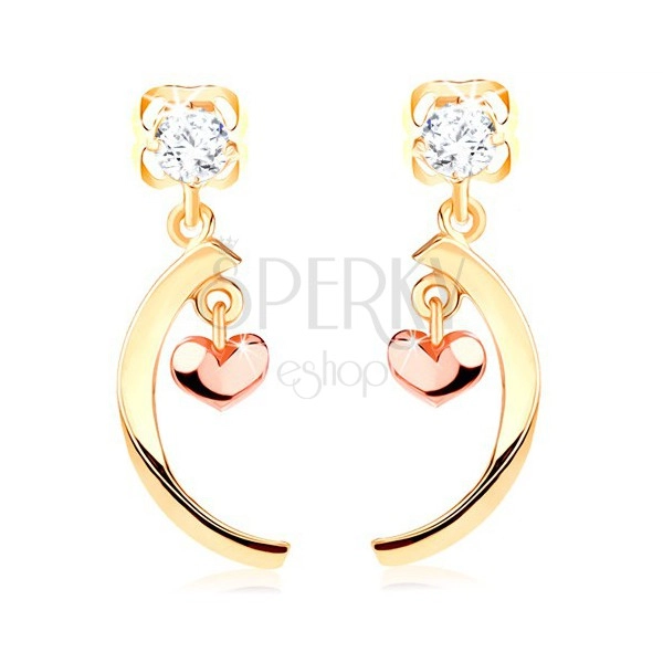 14K Gelbgold Diamant Ohrringe – klarer Brillant, glänzender Bogen, kleines abgerundetes Herz