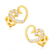 14K Gelbgold Ohrringe – symmetrischer Herzumriss, eine Hälfte mit Brillanten