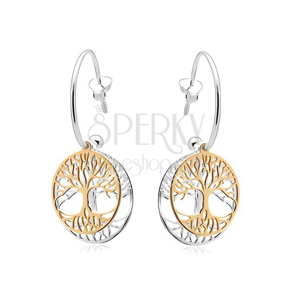 Zweifarbige Ohrringe aus 925 Silber, unvollständiger Kreis, Baum des Lebens in einem Kreis