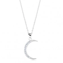 925 Silber Halskette, glänzende Kette, dünne Mondsichel besetzt mit Zirkonen