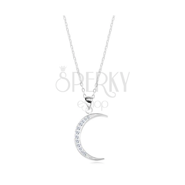 925 Silber Halskette, glänzende Kette, dünne Mondsichel besetzt mit Zirkonen