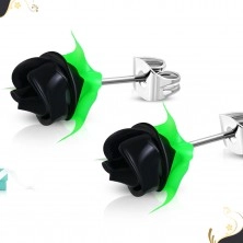 Stahl Ohrringe, schwarze Silikon-Rose mit grünen Blättern, Ohrstecker