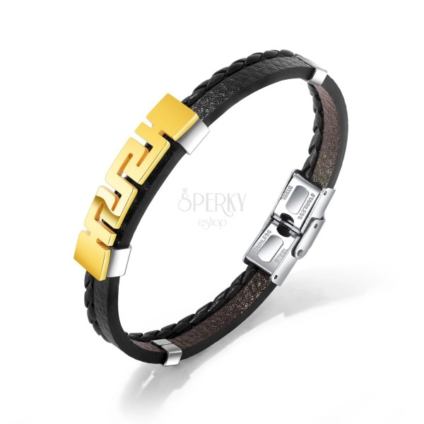 Schwarzes Armband aus synthetischem Leder, Stahlplatte in goldener Farbe - griechischer Schlüssel