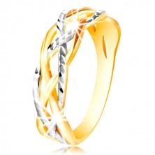 14K Gold Ring - zweifarbig, gebogene und geflochtene Linien, Einschnitte