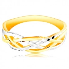 14K Gold Ring - zweifarbig, gebogene und geflochtene Linien, Einschnitte