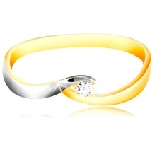 585 Gold Ring - gebogene zweifarbige Ringschiene, glitzernder klarer Zirkon