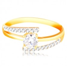 14K Gold Ring - geteilte Ringschiene, erhöhter runder Zirkon in klarer Farbe