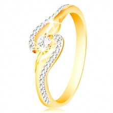 Ring aus 14K Gold - gebogene Ringschienen-Enden, dünne Zirkon Linien und größerer Zirkon