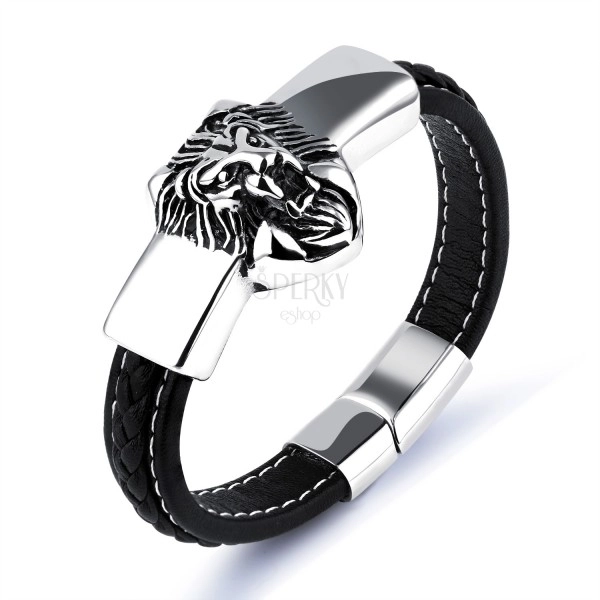 Schwarzes Armband aus synthetischem Leder, silberne Platte mit einem Löwen
