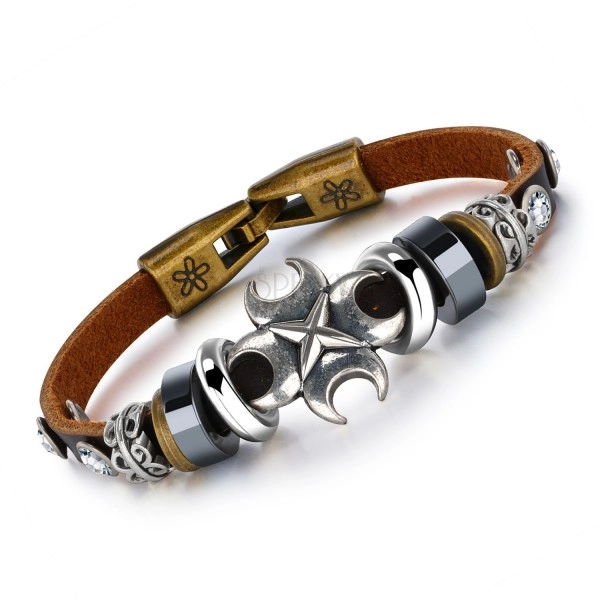 Armband aus braunem synthetischem Leder, Kreuz, klare Zirkone und Perlen
