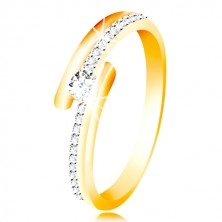 585 Gold Ring - geteilte Ringschiene mit der Kombination aus Weißgold, gewölbter klarer Zirkon in klarer Farbe