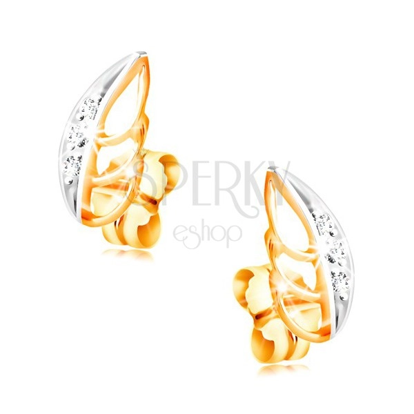 14K Gold Ohrringe - zweifarbiges Blatt mit klaren Zirkonen geschmückt