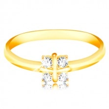 14K Gold Ring - glänzende abgerundete Ringschiene, vier klare Zirkone, Kreuz in der Mitte