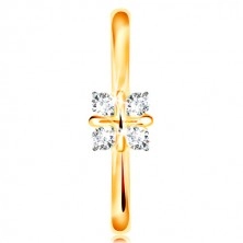 14K Gold Ring - glänzende abgerundete Ringschiene, vier klare Zirkone, Kreuz in der Mitte