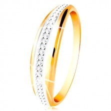 14K Gold Ring - gewölbter Streifen mit einer Linie aus Weißgold und klaren Zirkonen