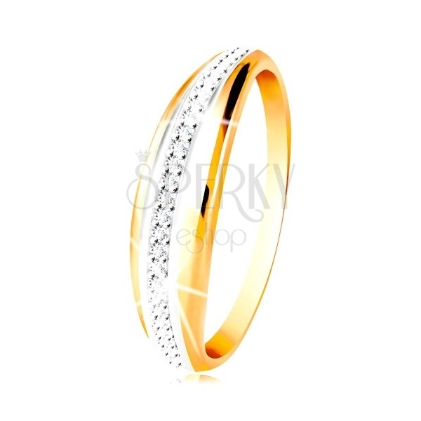 14K Gold Ring - gewölbter Streifen mit einer Linie aus Weißgold und klaren Zirkonen