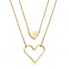Stahl Halskette in goldener Farbe, kleines Vollherz, großer Herzumriss, zwei Ketten