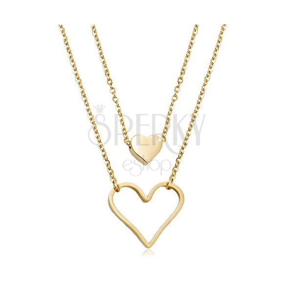 Stahl Halskette in goldener Farbe, kleines Vollherz, großer Herzumriss, zwei Ketten