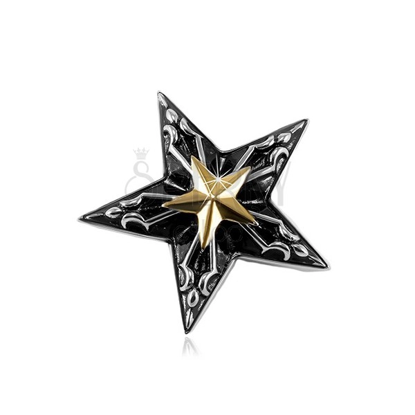 Stahl Anhänger, großer schwarzer Stern mit einem kleinen goldenen Stern in der Mitte