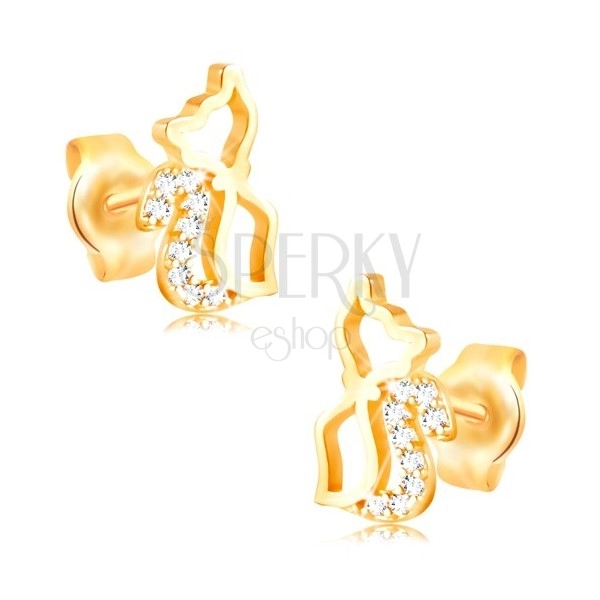 Ohrringe aus 14K Gelbgold - glänzender Katzenumriss mit Zirkon Schwanz