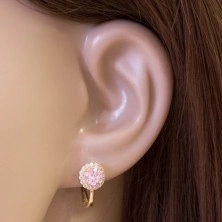 Ohrringe aus 14K Gelbgold - rosa Zirkon in einem Kreis aus klaren Zirkonen