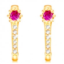 Ohrringe aus 14K Gelbgold - rosa Zirkon Blume, klare glitzernde Linie