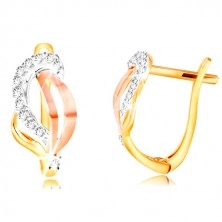14K Gold Ohrringe - dreifarbiges Blatt mit klaren Zirkonen geschmückt