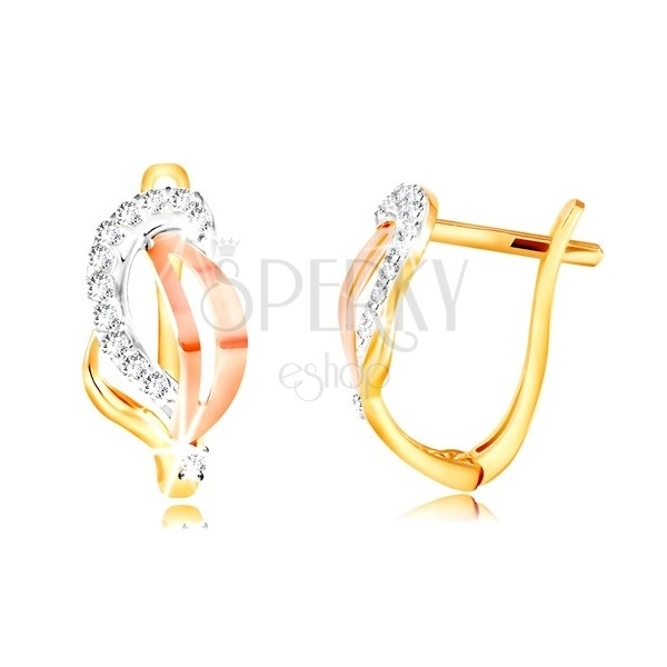 14K Gold Ohrringe - dreifarbiges Blatt mit klaren Zirkonen geschmückt