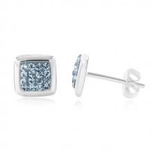 925 Silber Ohrringe, glänzendes Quadrat mit blauer Zirkon Mitte