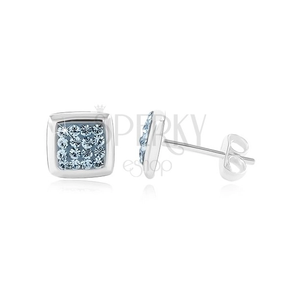 925 Silber Ohrringe, glänzendes Quadrat mit blauer Zirkon Mitte