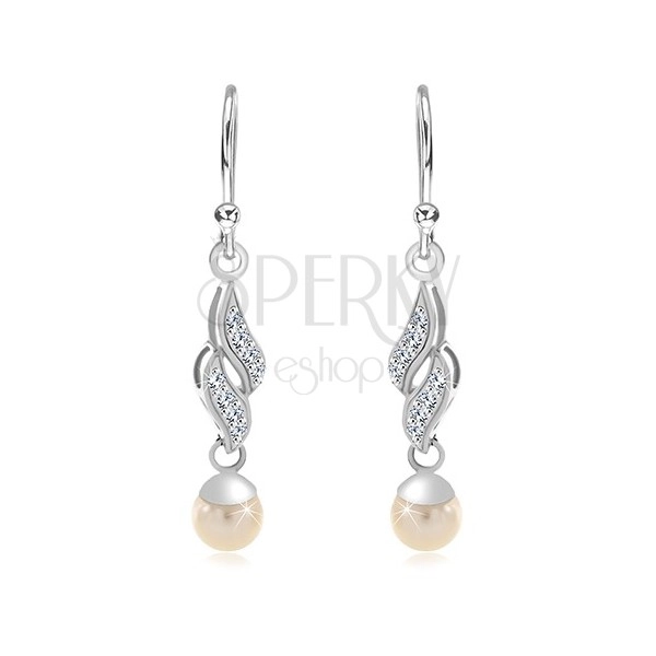 925 Silber Ohrringe, zwei Zirkon Wellen, weiße runde Perle