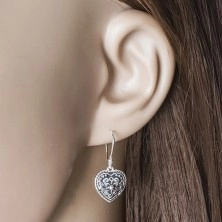 925 Silber Ohrringe, Herz mit Patina und Ornamenten